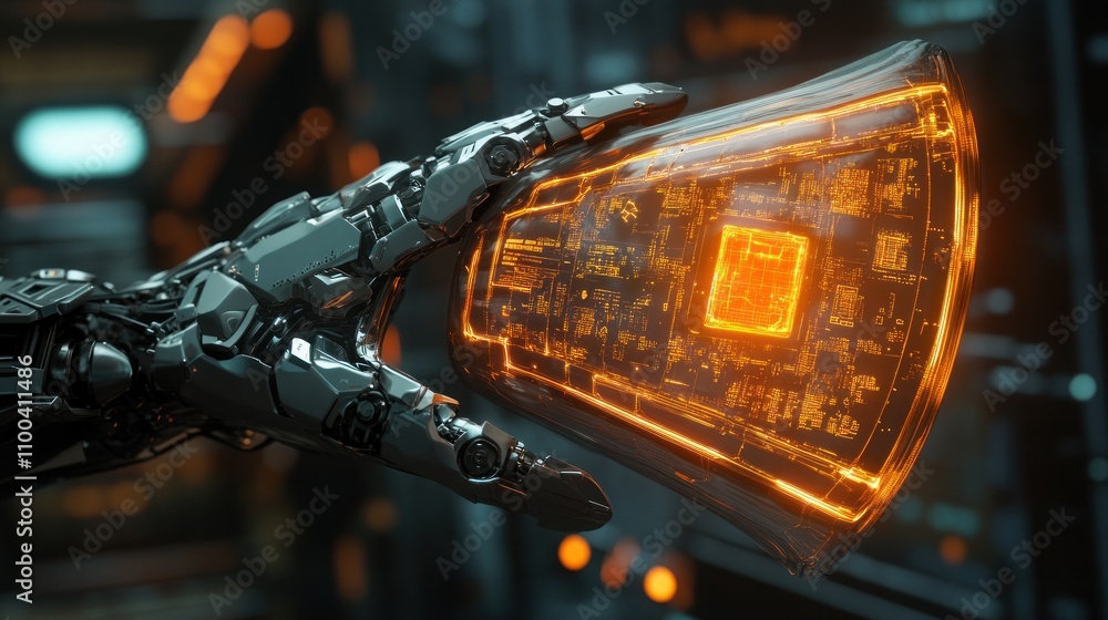 Poster futuristic robotic hand holding illuminated circuit panel in modern tech environment