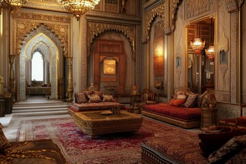 Obraz premium Ornate room, opulent furnishings, rich colors, and lavish details.