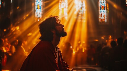 Fototapeta premium Jesus Christ praying in church with ray of light from stained glass windows. Religion and Christianity concept