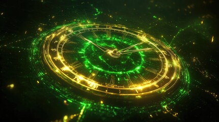 Futuristic Neon Clock with Glowing Green and Yellow Lights in Digital Space