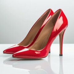 close up of red high heels on white background