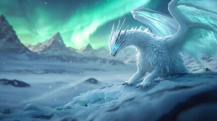 A majestic white dragon in a snowy landscape under the northern lights.