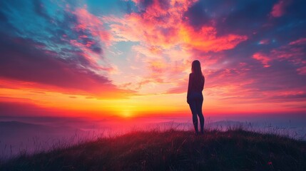 Obraz premium Woman Silhouetted Against Vibrant Sunset Over Mountains