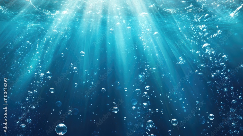Poster bubbles rise to the surface in a serene underwater setting, illuminated by soft rays of light.