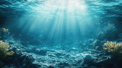 Fototapeta premium A serene underwater scene showcasing vibrant corals with rays of sunlight penetrating the calm ocean waters.