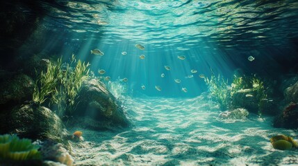 Underwater scene showcasing vibrant marine life illuminated by sunlight and surrounded by lush seaweed.