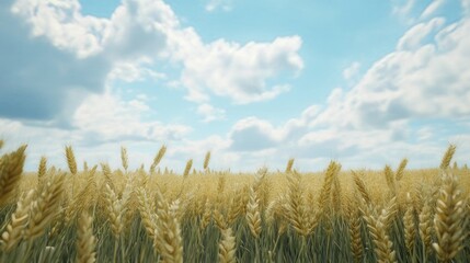 Fototapeta premium Golden wheat field under a bright blue sky with fluffy clouds.