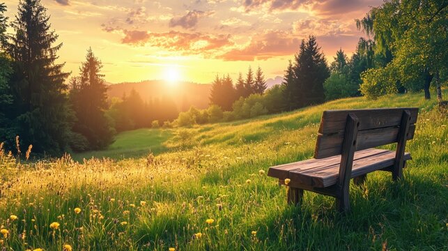 Parkbank in gr&uuml;ner Wiese bei Sonnenuntergang