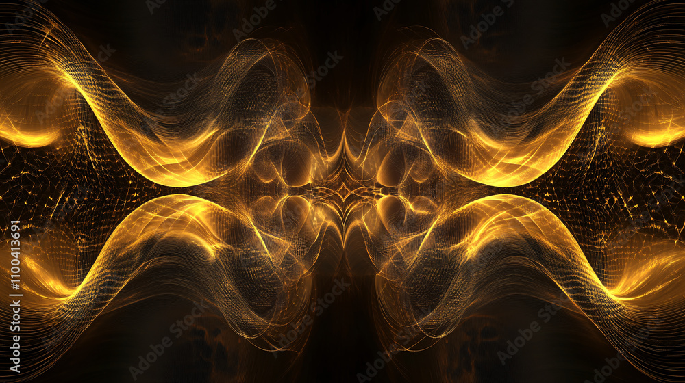 Poster abstract fractal design with golden sound waves, symbolizing harmony and mathematical precision in a