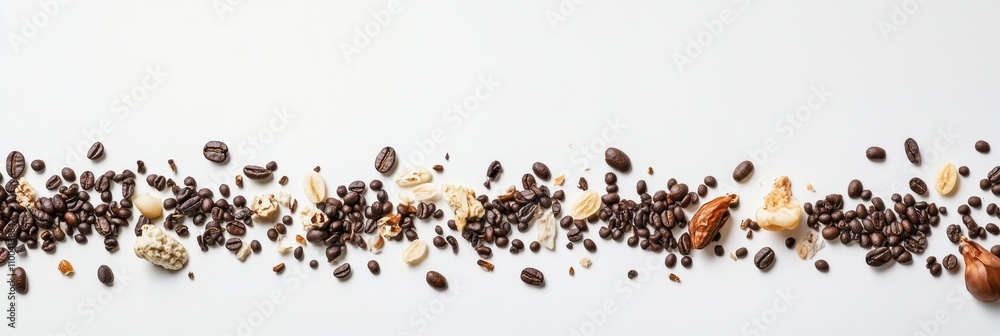 Poster coffee beans of different types are spread out on a white background, creating a perfect area for ad