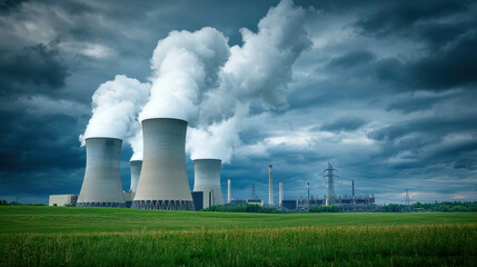 Cooling Towers Emitting Steam, environmental energy debate.