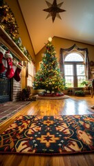 Fototapeta premium Charming holiday living room with a festive christmas tree and cozy fireplace decorations