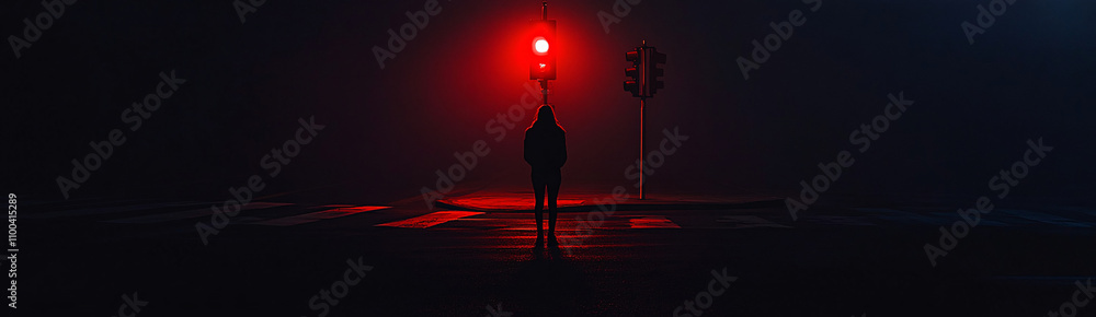 Poster dark silhouette of a person standing in the middle of a deserted intersection, only illuminated by t