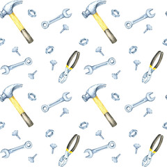 Watercolor clipart of hammers, wrenches, and yellow and black screwdrivers in a seamless pattern. Great for stationery, gift wrap, and backgrounds with a construction or mechanical theme