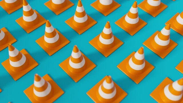 Moving grid of Orange Traffic cones with shallow dof on blue background. Safety warning or under construction symbol. 3d render loop