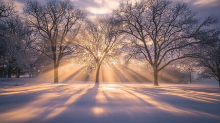 Winter sunrise with radiant sunbeams, serenity