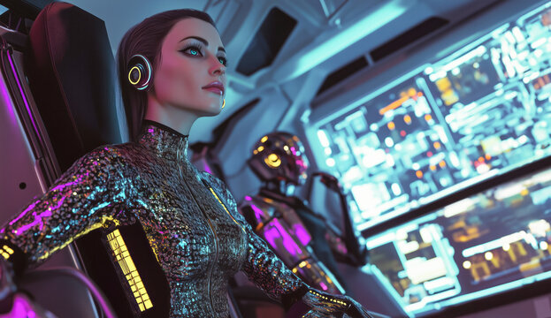 FutA futuristic female pilot in a metallic suit sits in a high-tech cockpit with illuminated control panels and a robotic companion visible in the background.