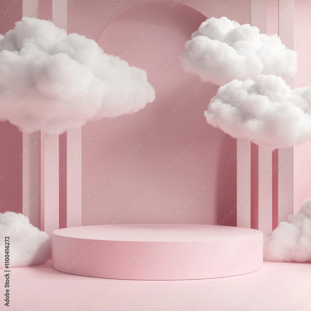 Poster light pink background with a pink podium and cloud. 3d rendering.