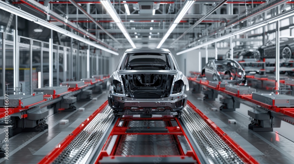 Poster automated conveyor belt system for efficient car assembly in modern factory design