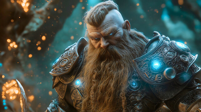 Small mythical dwarfs infused with magic, legends of warrior dwarfs mentioned in various mythologies. A dwarf with a large beard and dreadlocks, with a glowing aura emanating from his eyes.