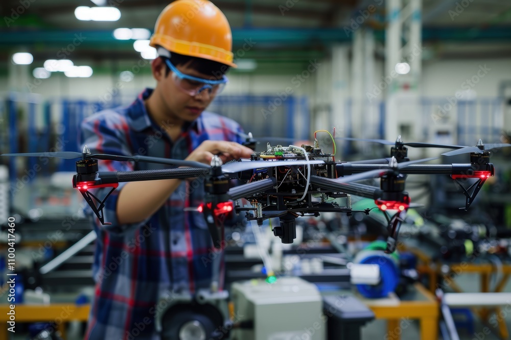Poster engineer assembling drone components on high-tech production line in modern factory