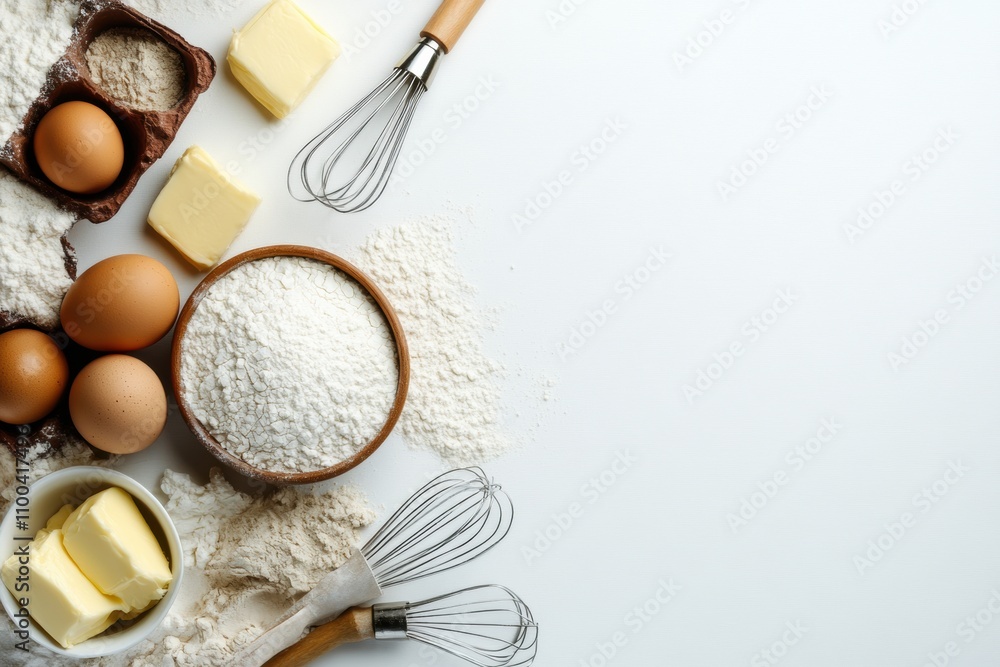 Poster flour, eggs, a whisk, and butter are thoughtfully arranged against a white backdrop, leaving space f