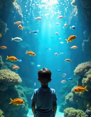 Child observing colorful fish underwater surrounded by coral reefs. Underwater photography with rays of light. Marine life and ocean exploration concept for design and print.