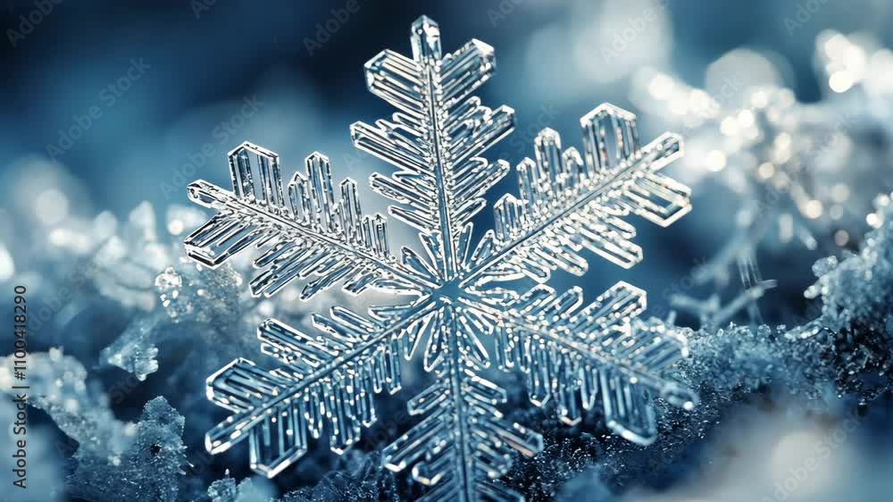 Poster snowflakes with sharp, angular designs, arranged in a precise, repeating pattern on a frosty surface