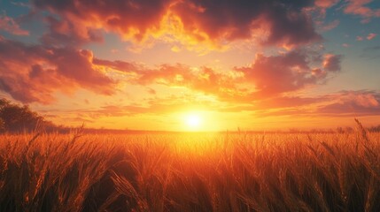 Fototapeta premium Golden sunset over a wheat field, showcasing vibrant warm hues and a serene atmosphere.