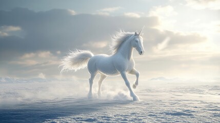Fototapeta premium A majestic white unicorn gallops through a snowy landscape under a serene sky.