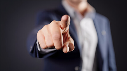 Right hand pointing forward gesture. Expressive shot of a man in suit blurred in the background. Realistic ai-generated image