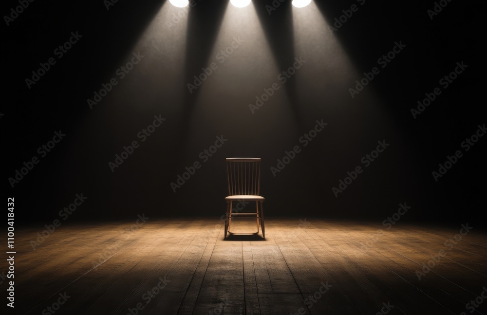 Poster an empty stage with a chair in the background is illuminated by spotlights, shown in a 3d rendering.
