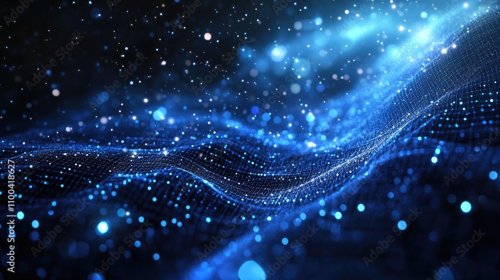 Poster an abstract representation of digital waves in vivid blue tones, creating a mesmerizing and futurist