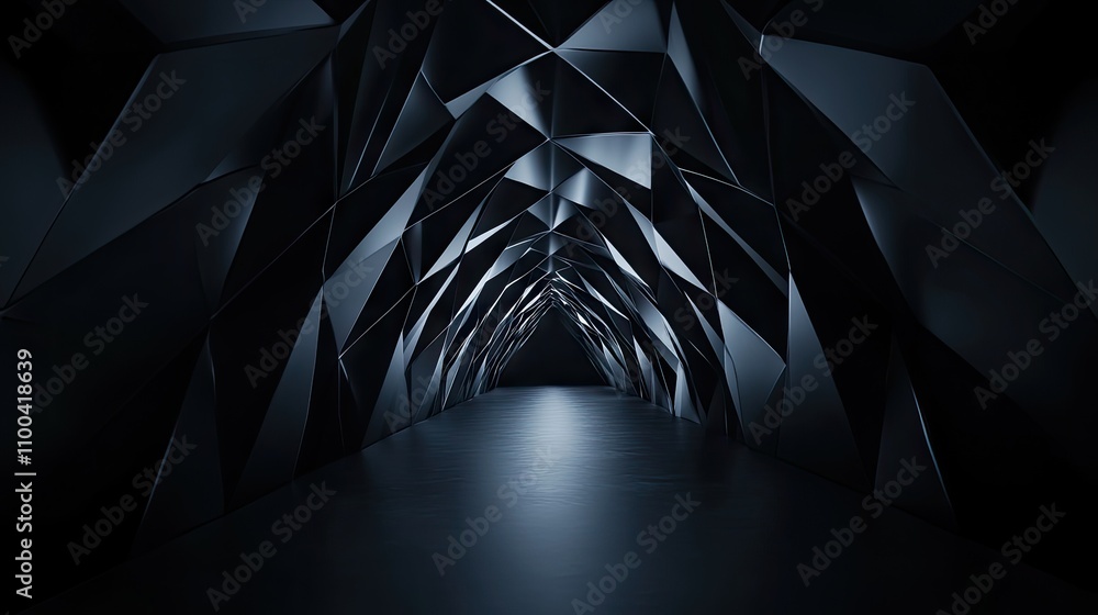 Poster abstract geometric tunnel in deep black tones creating a futuristic atmosphere.