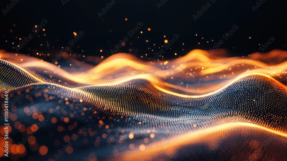 Poster abstract waves with glowing orange and gold particles create a mesmerizing visual effect.