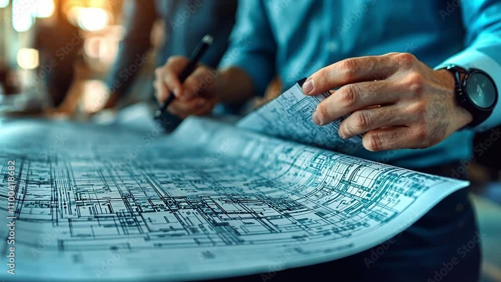 Poster detailed examination of architectural blueprints in a collaborative workspace setting