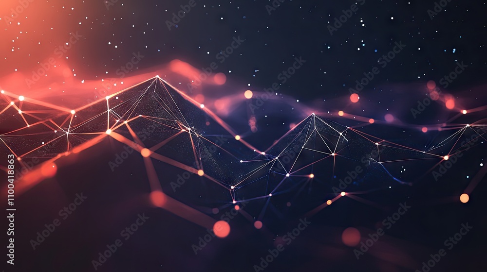 Poster abstract digital landscape with interconnected lines and glowing dots in a futuristic setting.