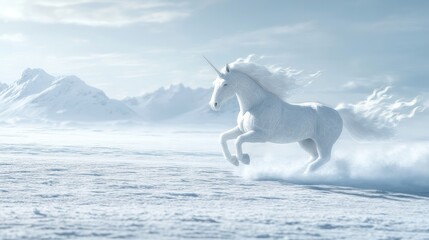 Naklejka premium A majestic unicorn gallops through a snowy landscape, embodying fantasy and wonder.