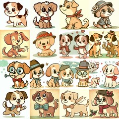 Naklejka premium Cartoon vintage style funny dogs. AI generated illustration