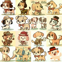 Naklejka premium Cartoon vintage style funny dogs. AI generated illustration