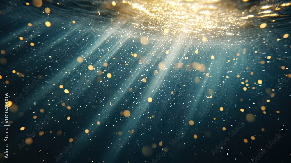 Poster abstract underwater scene with shimmering golden particles and light rays creating a tranquil atmosp