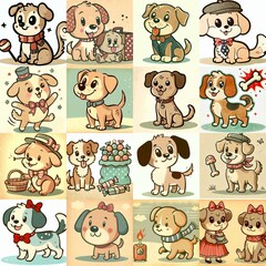 Naklejka premium Cartoon vintage style funny dogs. AI generated illustration