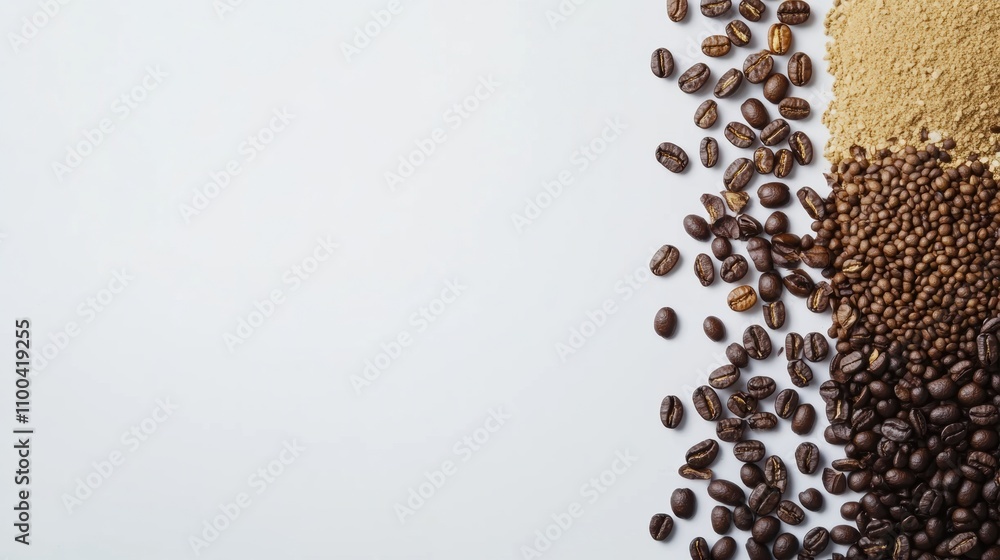 Poster different types of coffee beans are scattered on a white background, leaving space on the right for 