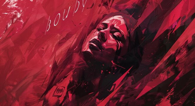 A woman's face is painted red with the word "Boud" on it. The image is abstract and has a moody, intense feel to it
