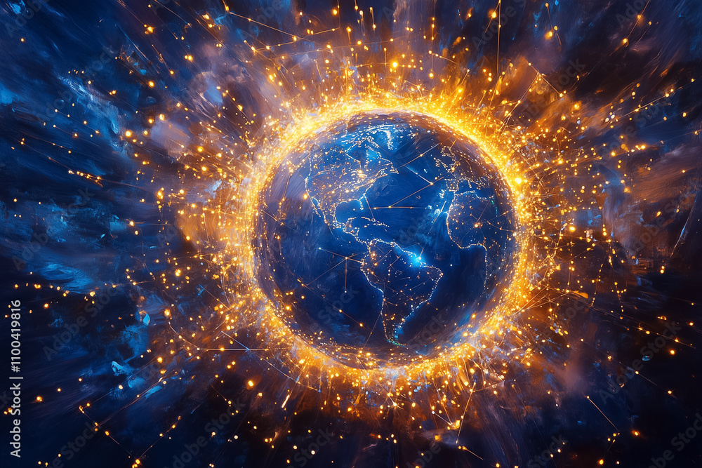 Poster a digital globe shines with vibrant lights and energy, showcasing a connected world filled with intr
