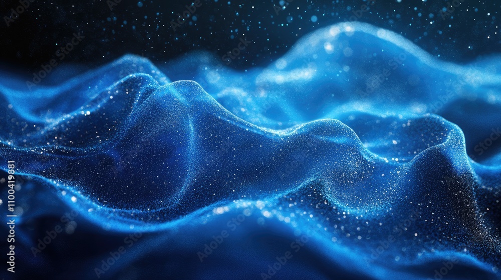 Poster abstract representation of shimmering blue waves with sparkling particles, creating a serene and mys