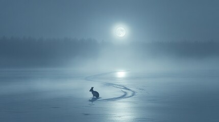 A serene night scene featuring a rabbit on a frozen lake under a full moon.