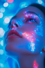 Female with glowing neon face and blue bokeh lights