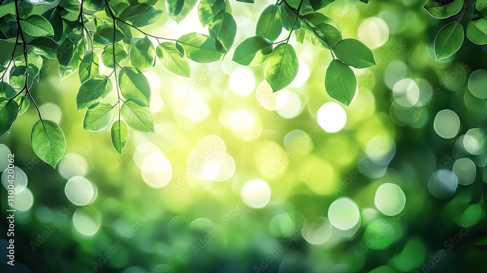 Poster lush green leaves with soft sunlight filtering through, creating a serene and refreshing atmosphere.