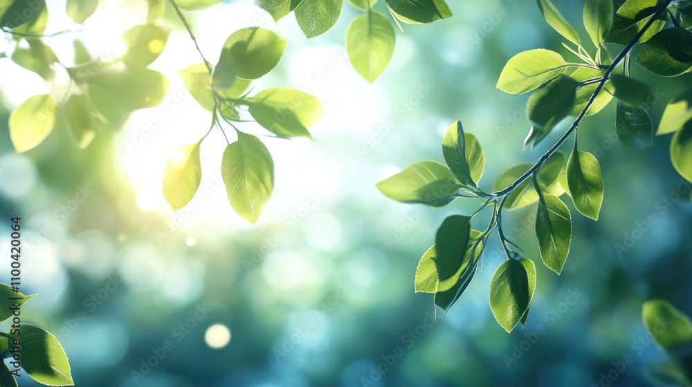 Poster close-up of vibrant green leaves illuminated by soft sunlight, creating a serene and refreshing atmo